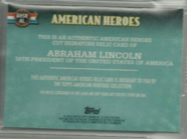 Lincoln baseball card relic back