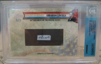 Abraham Lincoln signature Topps baseball card
