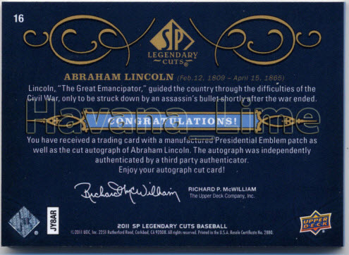 2011 Upper Deck Abraham Lincoln signature relic card
